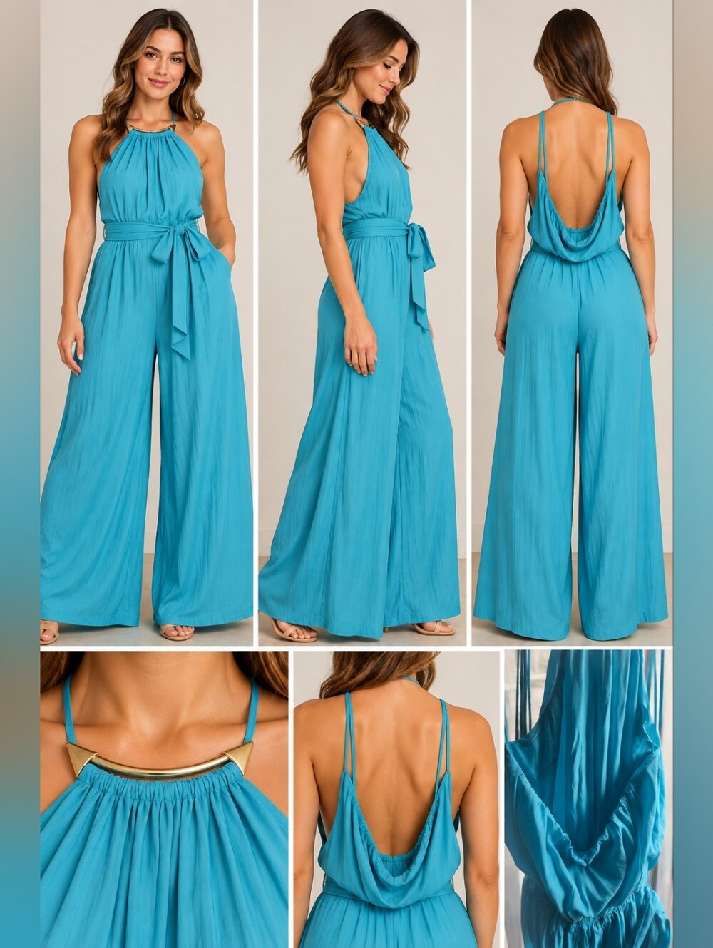 NWT DO+BE Aqua Halter Wide Leg Jumpsuit Tie Waist Women's Small
